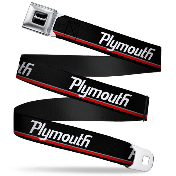 buckle down PLYMOUTH Text Logo Full Color Black White Seatbelt Belt - PLYMOUTH Text/Stripe Black/White/Gray/Red Webbing