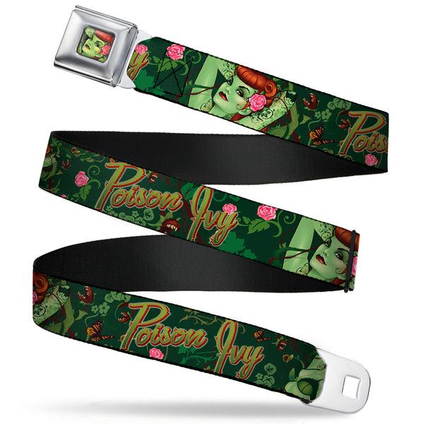 buckle down Poison Ivy Pin-Up Face Full Color Seatbelt Belt - POISON IVY Bombshell Poses Greens/Reds Webbing