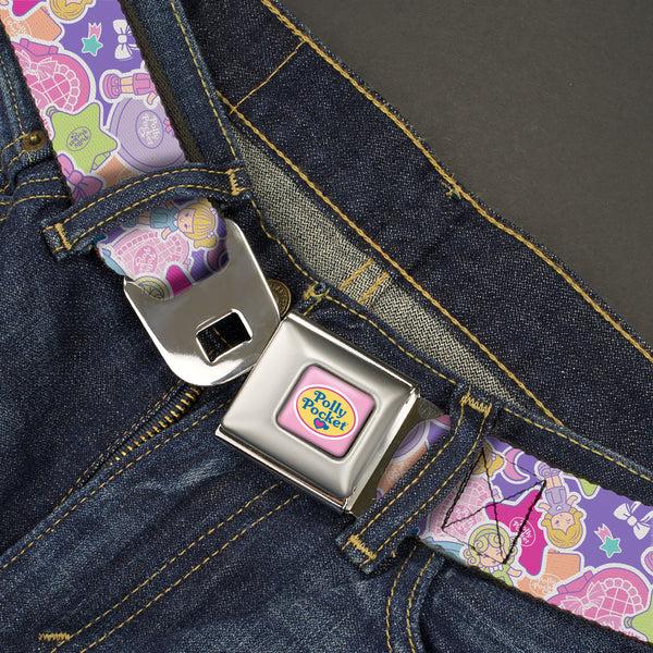 Buckle Down POLLY POCKET Title Logo Full Color Lavender/White Seatbelt Belt - Polly Pocket Dolls And Compacts Collage Lavender Webbing