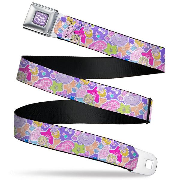 buckle down POLLY POCKET Title Logo Full Color Lavender/White Seatbelt Belt - Polly Pocket Dolls and Compacts Collage Lavender Webbing