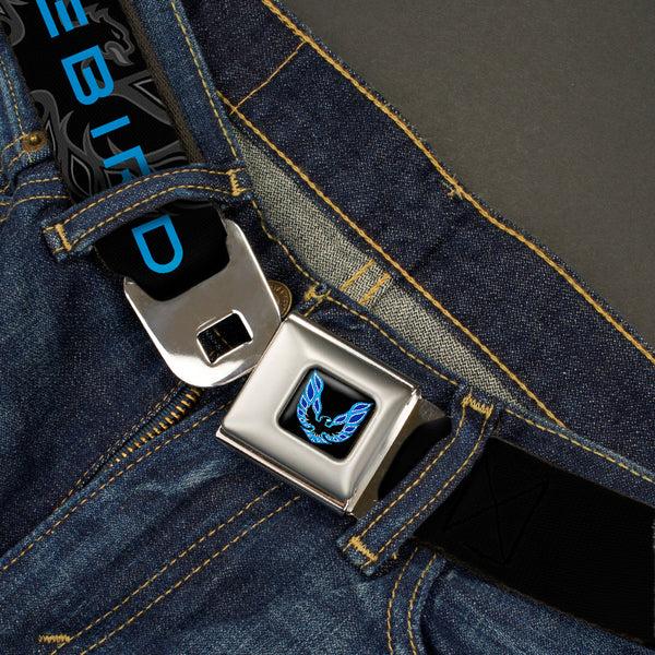 Buckle Down Pontiac Firebird Logo Full Color Black Blues Seatbelt Belt - Pontiac FIREBIRD/Logo Black/Grays/Blues Webbing