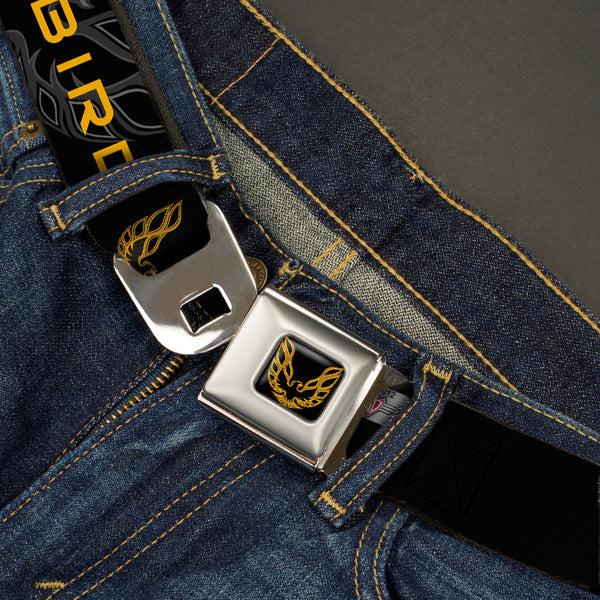 Buckle Down Pontiac Firebird Logo Full Color Black Golds Seatbelt Belt - Pontiac FIREBIRD/Logo Black/Grays/Golds Webbing
