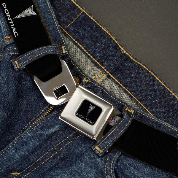 Buckle Down Pontiac Seatbelt Belt - Pontiac Black/Silver Logo REPEAT Webbing