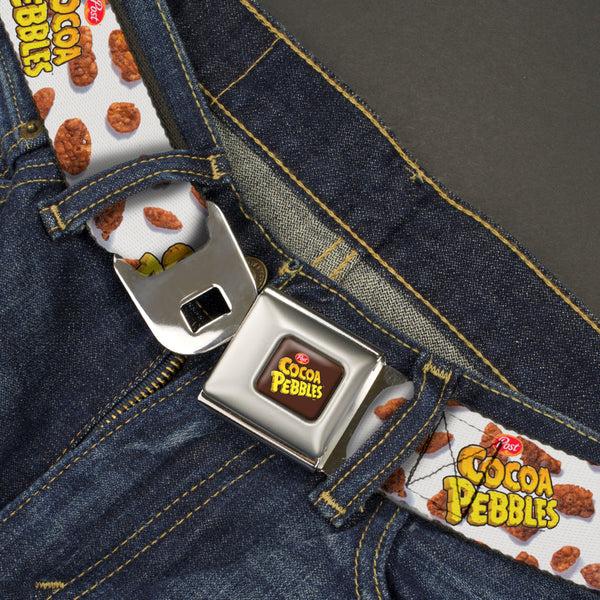 Buckle Down POST COCOA PEBBLES Logo Full Color Brown/Yellows Seatbelt Belt - POST COCOA PEBBLES Logo And Cereal Pebbles Scattered White/Browns Webbing