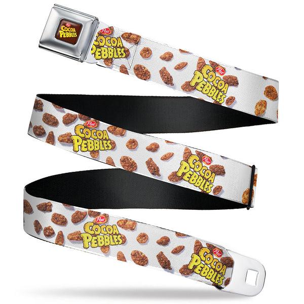 buckle down POST COCOA PEBBLES Logo Full Color Brown/Yellows Seatbelt Belt - POST COCOA PEBBLES Logo and Cereal Pebbles Scattered White/Browns Webbing