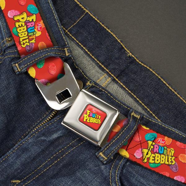 Buckle Down POST FRUITY PEBBLES Logo Full Color Red/Multi Color Seatbelt Belt - POST FRUITY PEBBLES Logo And Cereal Pebbles Scattered Red/Multi Color Webbing