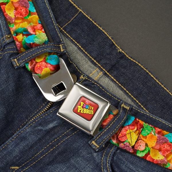 Buckle Down POST FRUITY PEBBLES Logo Full Color Red/Multi Color Seatbelt Belt - Fruity Pebbles Vivid Cereal CLOSE-UP Multi Color Webbing