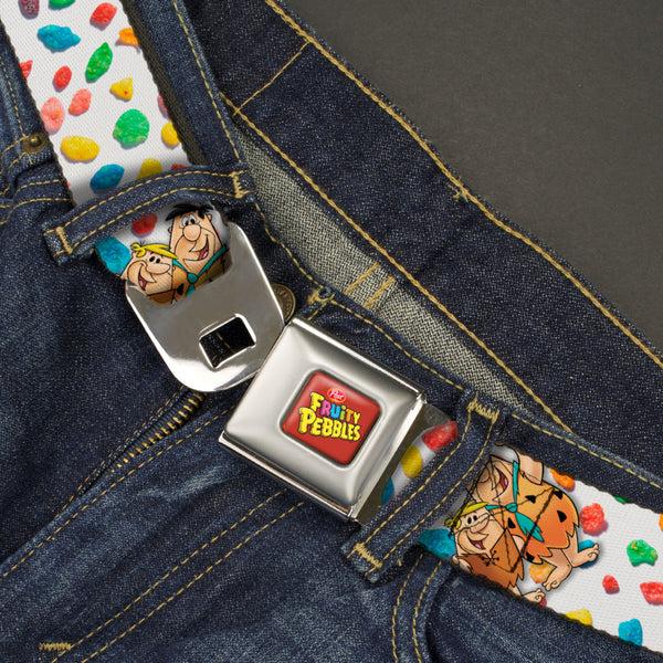 Buckle Down POST FRUITY PEBBLES Logo Full Color Red/Multi Color Seatbelt Belt - Fruity Pebbles Fred Flintstone And Barney Rubble Hugging Pose And Cereal Pebbles Scattered White/Multi Color Webbing