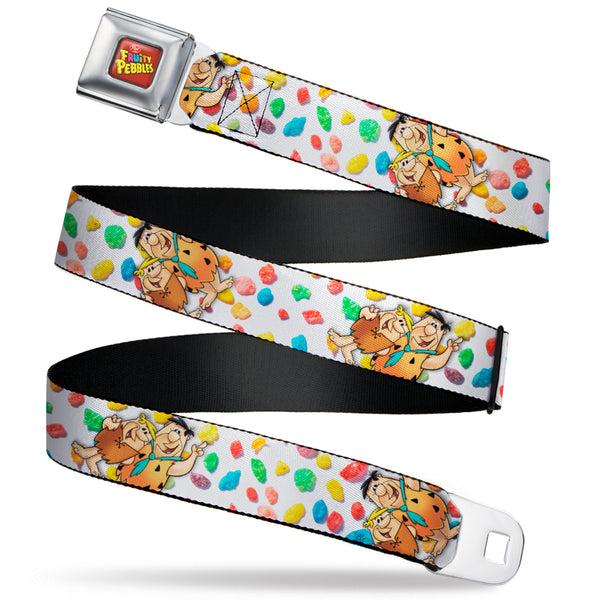 buckle down POST FRUITY PEBBLES Logo Full Color Red/Multi Color Seatbelt Belt - Fruity Pebbles Fred Flintstone and Barney Rubble Hugging Pose and Cereal Pebbles Scattered White/Multi Color Webbing