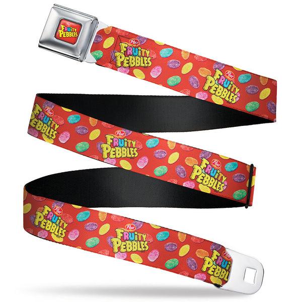 buckle down POST FRUITY PEBBLES Logo Full Color Red/Multi Color Seatbelt Belt - POST FRUITY PEBBLES Logo and Cereal Pebbles Scattered Red/Multi Color Webbing