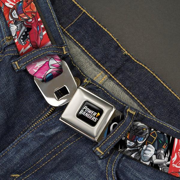 Buckle Down POWER RANGERS Bolt Logo Full Color Black/Gray/Yellows Seatbelt Belt - Power Rangers Pose With Zord And Icon Blocks Multi Color Webbing