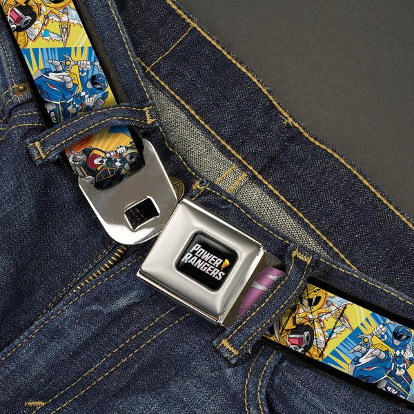 Buckle Down POWER RANGERS Bolt Logo Full Color Black/Gray/Yellows Seatbelt Belt - Power Rangers And Zord Action Pose Blocks Webbing