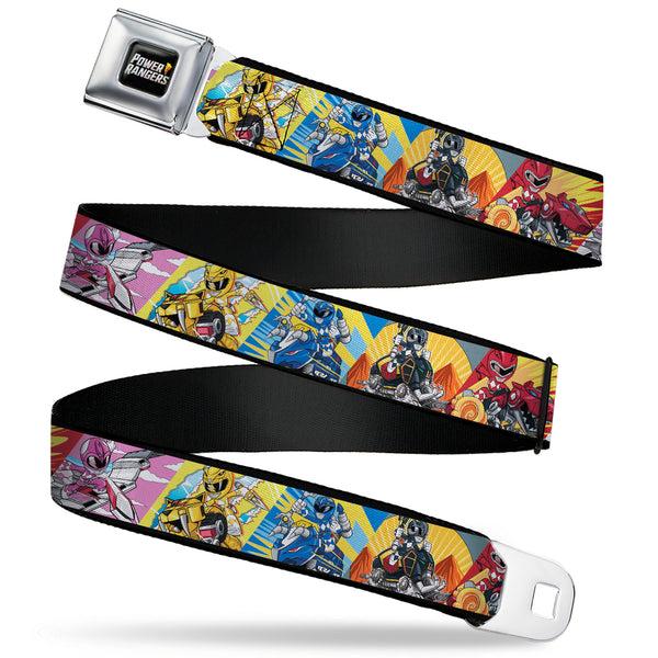 buckle down POWER RANGERS Bolt Logo Full Color Black/Gray/Yellows Seatbelt Belt - Power Rangers and Zord Action Pose Blocks Webbing