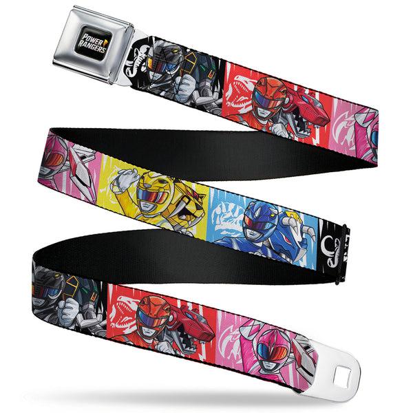 buckle down POWER RANGERS Bolt Logo Full Color Black/Gray/Yellows Seatbelt Belt - Power Rangers Pose with Zord and Icon Blocks Multi Color Webbing