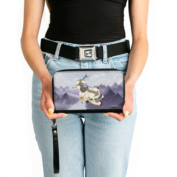 Buckle Down PU Zip Around Wallet Rectangle - Avatar The Last Airbender Appa Carrying 4-Character Group Scene Over Mountains Grays