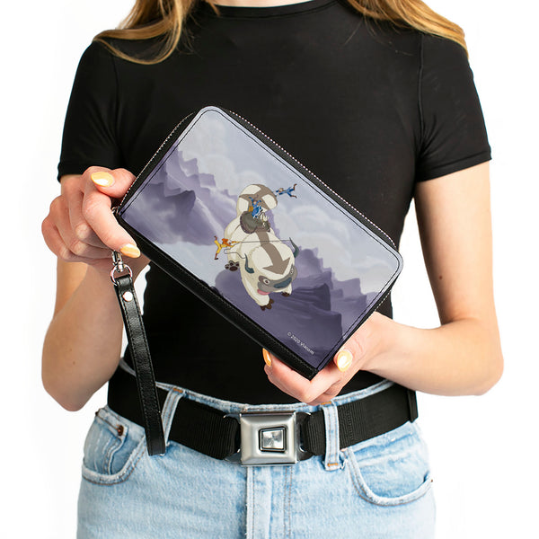 Buckle Down PU Zip Around Wallet Rectangle - Avatar The Last Airbender Appa Carrying 4-Character Group Scene Over Mountains Grays