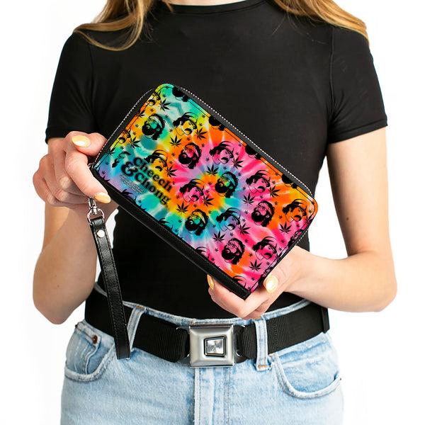 Buckle Down PU Zip Around Wallet Rectangle - CHEECH & CHONG Caricature Faces Pot Leaves Scattered Tie Dye Multi Color/Black