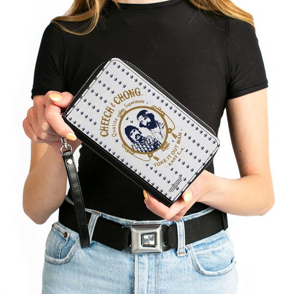 Buckle Down PU Zip Around Wallet Rectangle - CHEECH & CHONG Rolling Papers Mirror Pot Leaves White/Blue/Gold