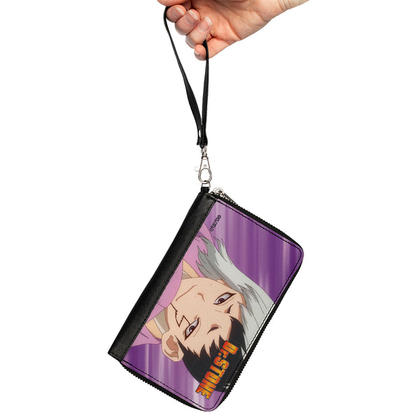 Buckle Down PU Zip Around Wallet Rectangle - DR. STONE Gen Asagiri Face And Title Logo Purples