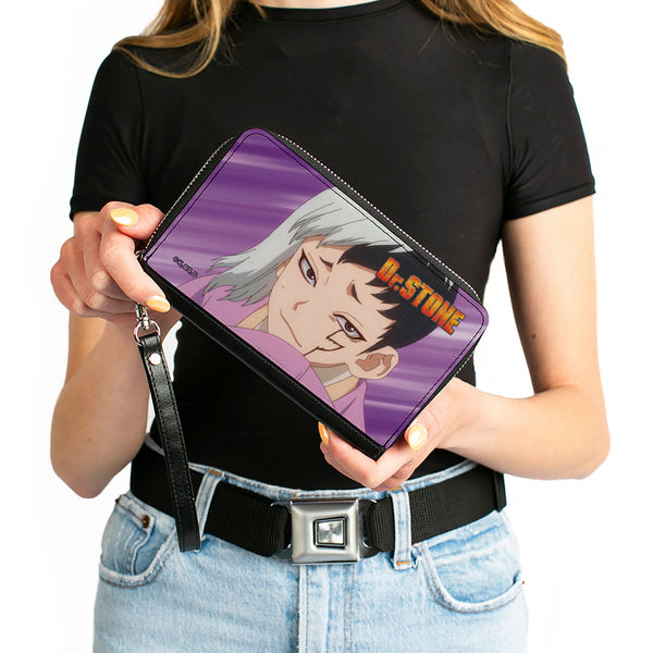 Buckle Down PU Zip Around Wallet Rectangle - DR. STONE Gen Asagiri Face And Title Logo Purples