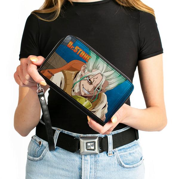 Buckle Down PU Zip Around Wallet Rectangle - DR. STONE Senku Ishigami Grinning Pose And Title Logo Blues