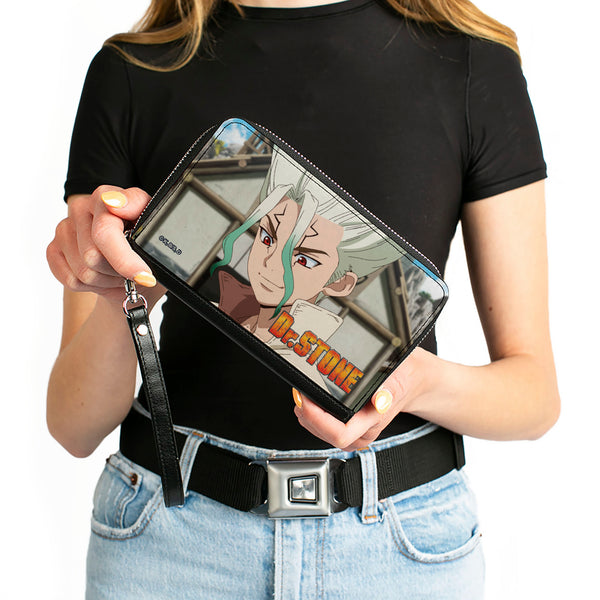 Buckle Down PU Zip Around Wallet Rectangle - DR. STONE Senku Ishigami Eyes Of Science Pose And Title Logo