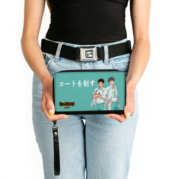 Buckle Down PU Zip Around Wallet Rectangle - HAIKYU Aoba Johsai High Ikawa And Iwaizumi Pose Turquoise
