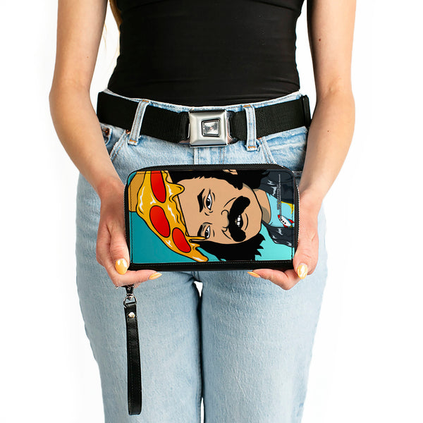 Buckle Down PU Zip Around Wallet Rectangle - Homies In Dreamland Cheech Pizza Head Pose Blue