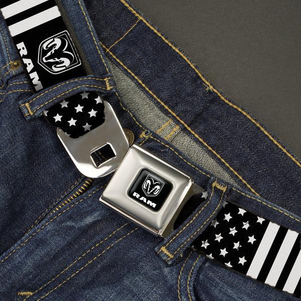 Buckle Down RAM Logo Full Color Black/White Seatbelt Belt - RAM Logo Americana Stars And Stripes Black/White Webbing