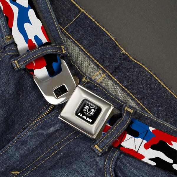 Buckle Down RAM Logo Full Color Black/White Seatbelt Belt - Ram Americana Camo Red/White/Blue/Black Webbing