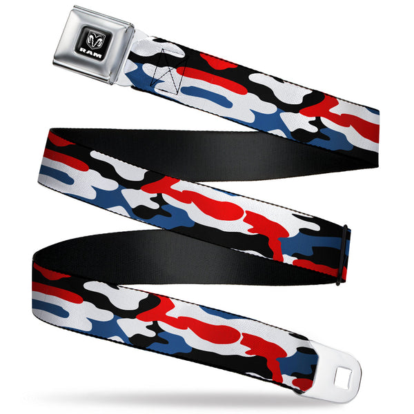 buckle down RAM Logo Full Color Black/White Seatbelt Belt - Ram Americana Camo Red/White/Blue/Black Webbing