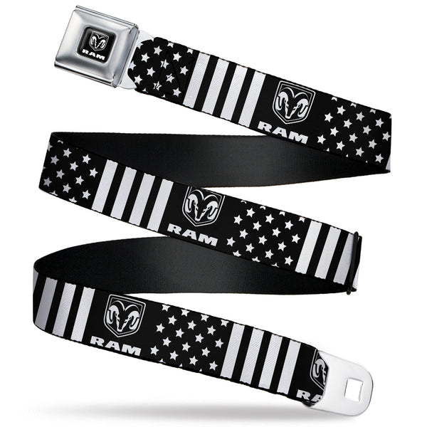 buckle down RAM Logo Full Color Black/White Seatbelt Belt - RAM Logo Americana Stars and Stripes Black/White Webbing