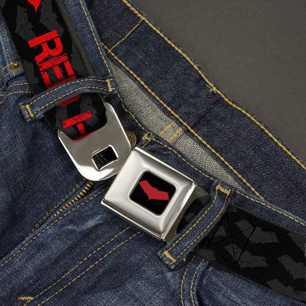 Buckle Down Red Hood Logo Full Color Black Red Seatbelt Belt - RED HOOD/Logo Weathered Black/Gray/Red Webbing