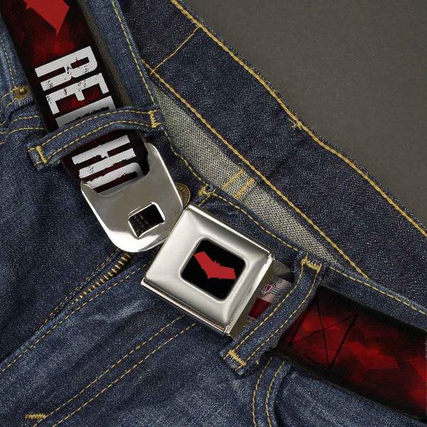 Buckle Down Red Hood Logo Full Color Black Red Seatbelt Belt - RED HOOD/Face/Logo Weathered Black/Reds/White Webbing