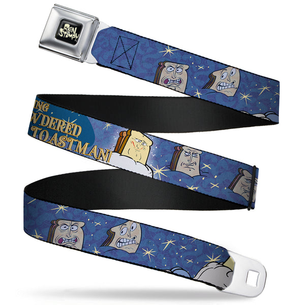 buckle down Ren & Stimpy Pose Full Color Black Seatbelt Belt - Powdered Toastman in Sky CALLING POWDERED TOASTMAN Blue/Yellow Webbing