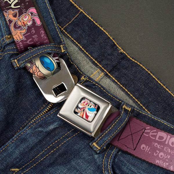 Buckle Down Ren & Stimpy Pose Full Color Black Seatbelt Belt - REN & STIMPY Poses Text Purples Webbing