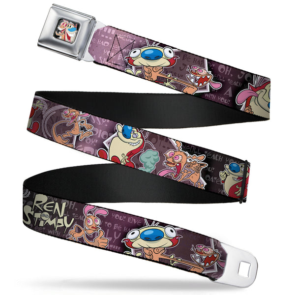 Buckle Down Ren & Stimpy Pose Full Color Black Seatbelt Belt - REN & STIMPY Poses Text Purples Webbing