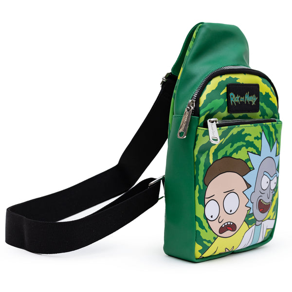 Buckle Down Rick And Morty Bag Sling Rick And Morty Get Schwifty Portal Pose Greens Bounding Vegan Leather
