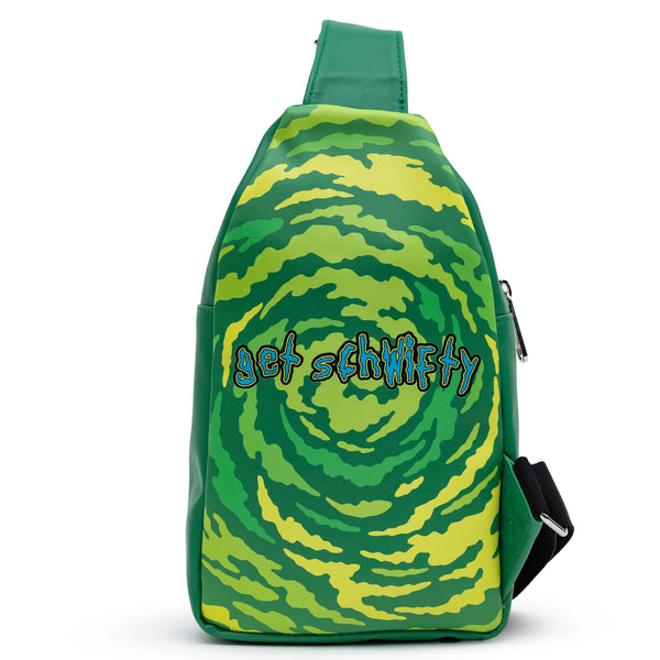 Buckle Down Rick And Morty Bag Sling Rick And Morty Get Schwifty Portal Pose Greens Bounding Vegan Leather