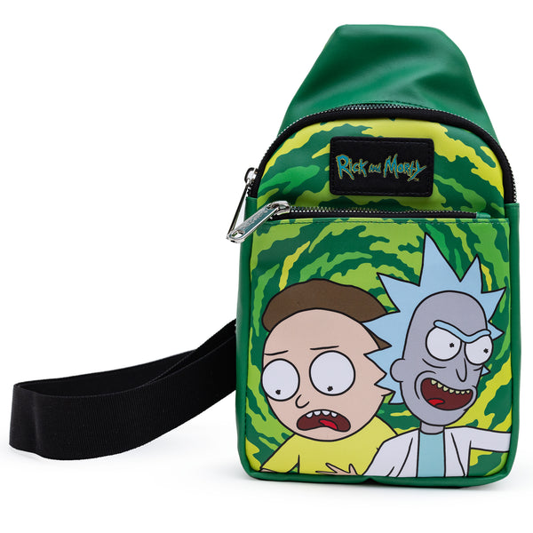 Buckle Down Rick And Morty Bag Sling Rick And Morty Get Schwifty Portal Pose Greens Bounding Vegan Leather