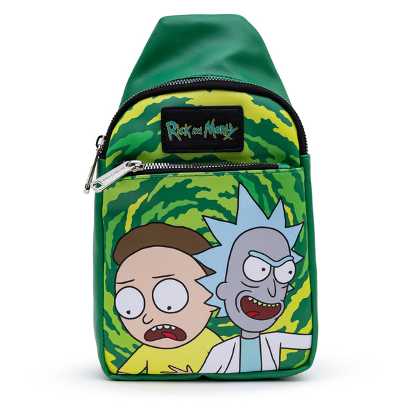 buckle down Rick and Morty Bag Sling Rick and Morty Get Schwifty Portal Pose Greens Bounding Vegan Leather