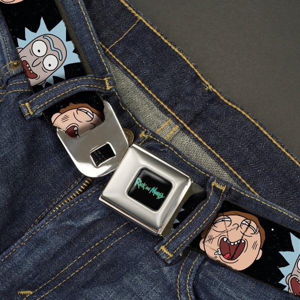 Buckle Down RICK AND MORTY Text Logo Full Color Black/Blue Seatbelt Belt - Rick And Morty Expressions In Space Webbing