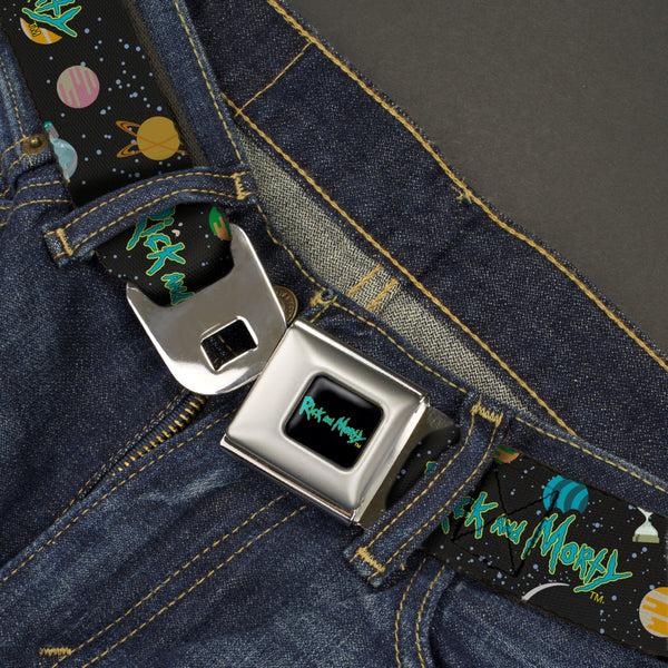 Buckle Down RICK AND MORTY Text Logo Full Color Black/Blue Seatbelt Belt - RICK AND MORTY Title Logo Space Black Webbing