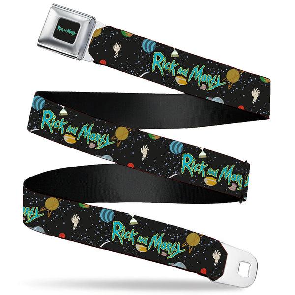 buckle down RICK AND MORTY Text Logo Full Color Black/Blue Seatbelt Belt - RICK AND MORTY Title Logo Space Black Webbing