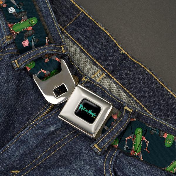Buckle Down RICK AND MORTY Text Logo Full Color Black/Blue Seatbelt Belt - Rick And Morty Pickle Rick Rat Suit Poses Scattered Black Webbing