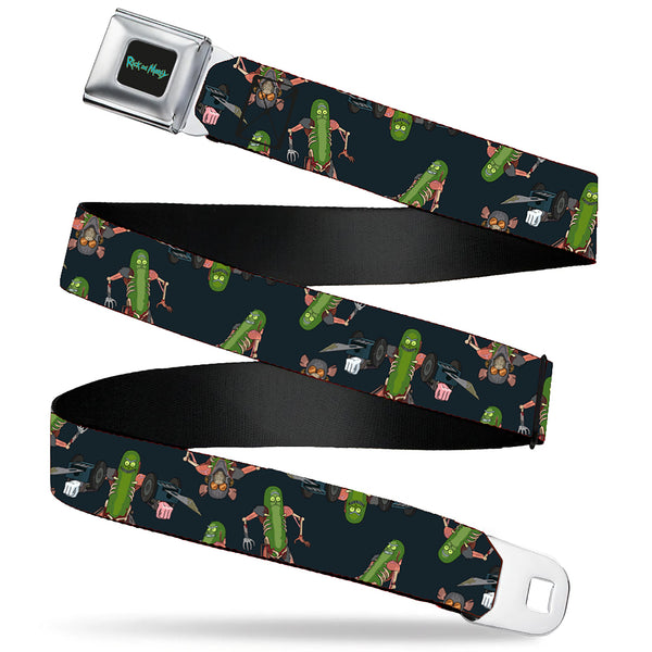buckle down RICK AND MORTY Text Logo Full Color Black/Blue Seatbelt Belt - Rick and Morty Pickle Rick Rat Suit Poses Scattered Black Webbing