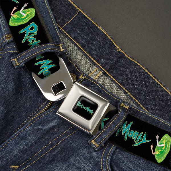 Buckle Down RICK AND MORTY Text Logo Full Color Black/Blue Seatbelt Belt - RICK AND MORTY Title Logo And Middle Finger Portal Jump Black Webbing