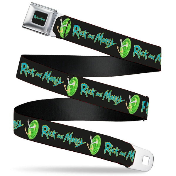 buckle down RICK AND MORTY Text Logo Full Color Black/Blue Seatbelt Belt - RICK AND MORTY Title Logo and Middle Finger Portal Jump Black Webbing