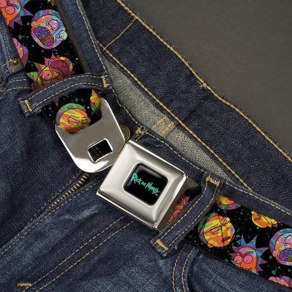 Buckle Down RICK AND MORTY Text Logo Full Color Black/Blue Seatbelt Belt - Rick And Morty Vaporwave Expressions Scattered Black/Multi Color Webbing