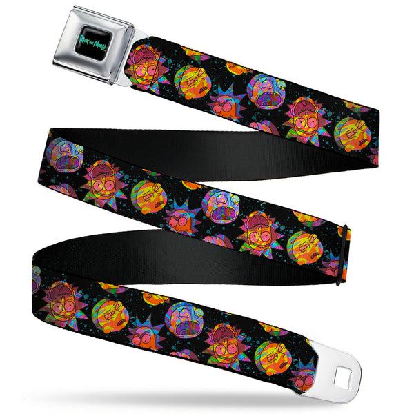 buckle down RICK AND MORTY Text Logo Full Color Black/Blue Seatbelt Belt - Rick and Morty Vaporwave Expressions Scattered Black/Multi Color Webbing